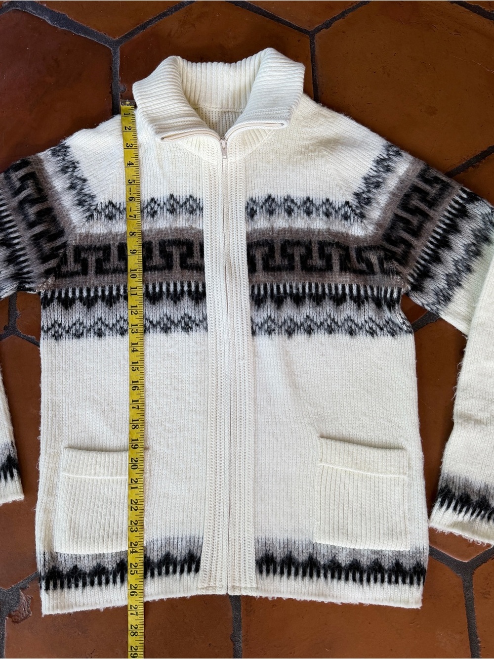 Vintage 70s Alpaca Wool Zip Cardigan Womens M Llama Aztec Fair Isle Knit Sweater - Picture 5 of 6